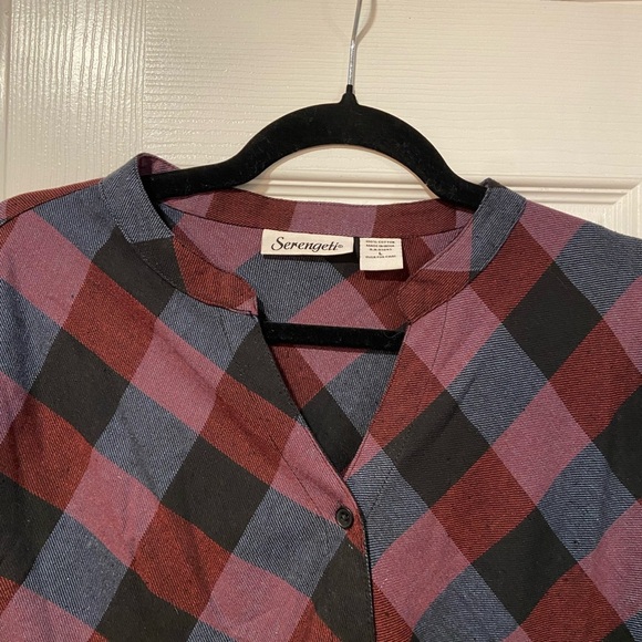NWOT Serengeti Size L Long Sleeve Black Burgundy Check Flannel Button Mini Dress - Picture 3 of 12